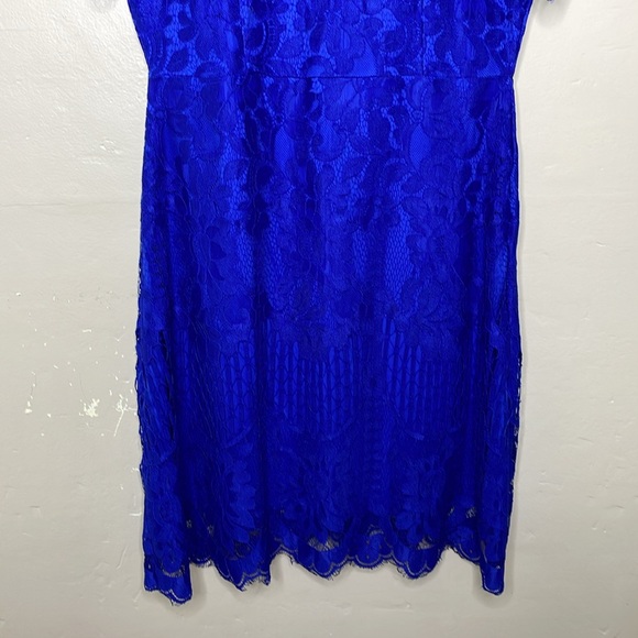 MSLG Sheath Blue Dress Lace Overlay Short Sleeves Croquette Scalloped Hem NWT Lg - Picture 6 of 11